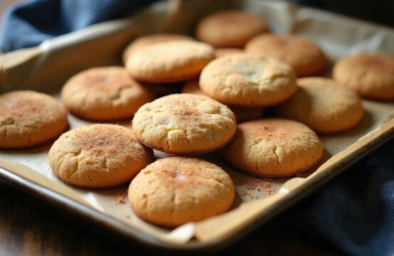 Freshly baked snickerdoodle cookies piled on a baking sheet. These warm, sweet, cinnamon sugar treats are ready to eat. Perfect for cafes, bakeries or holiday baking.
