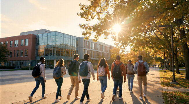 A diverse group of cheerful students with backpacks walks together across a sunny university campus during autumn, capturing the joy and friendship of a back to school morning.