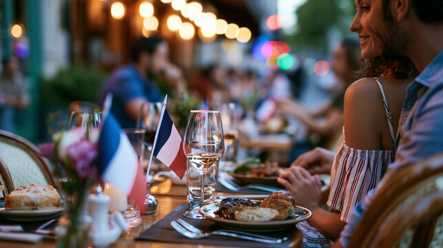 Romantic couple dining at a Parisian street cafe on Bastille Day with French flags at an elegant summer evening under soft golden light