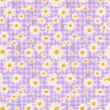 Beautiful white daisies on purple gingham background pattern design