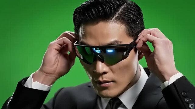 Businessman Wearing Futuristic Sunglasses Closeup.