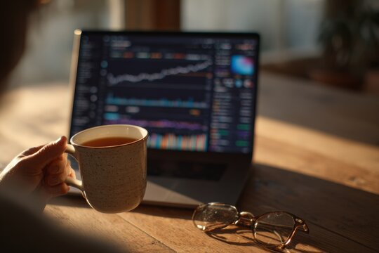 Remote worker sipping tea while analyzing stock market charts on laptop in soft natural light. Home trading, freelance finance, calm workspace. Crypto trading. only hand visible. no face.