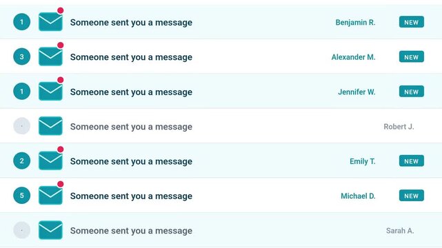 Messaging app notifications digital interface scrolling animation new messages inbox UI