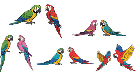Colorful tropical parrot series featuring seven macaws in dynamic poses flying standing and perched arranged in artistic decorative composition on white © Quadra