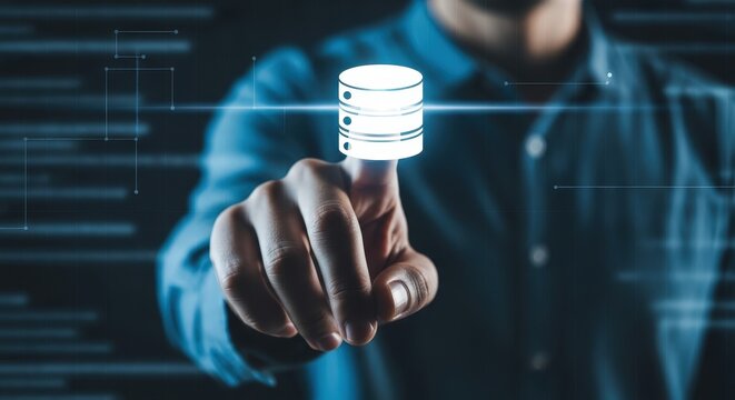 Digital database interaction with glowing data cylinder on blue background