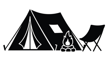 camping scene with tent chair and campfire silhouette high quality professional © Ziaul_Studio