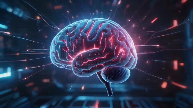 Glowing digital brain model pulsing with electric energy and data connections in a cinematic motion sequence for scientific research