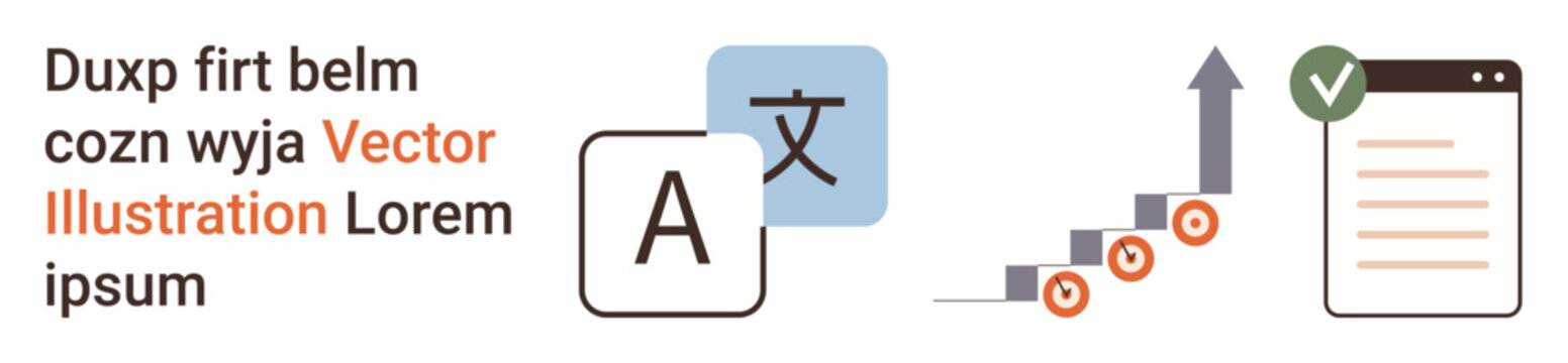 Language learning, business development, analytics, efficiency, productivity, translation. Text and icons of letters, charts and a checklist. Language learning and business development idea
