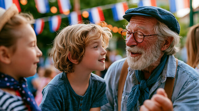 Grandfather telling stories to grandchildren in village square during Bastille Day festivities with warm tricolor decorations in the background