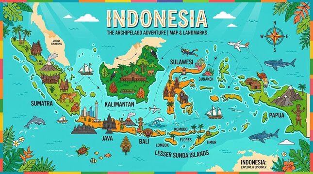 Detailed flat design vector illustration of Indonesia's map highlighting provinces, major cities, and travel-related icons on a vibrant blue ocean background.