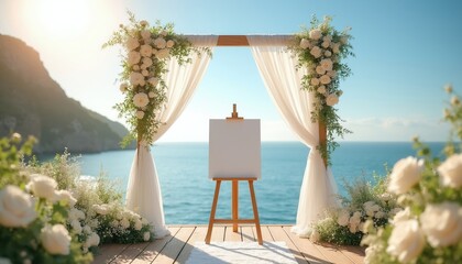 Fototapeta premium Wedding altar setup with white flowers and flowing drapes on wooden deck overlooking ocean. Blank canvas on easel awaits personalized message for seaside ceremony celebration.