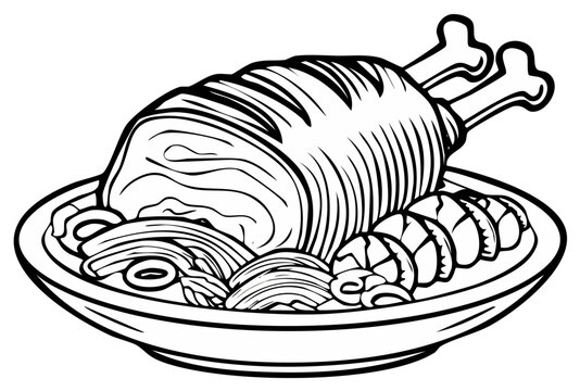 Black and white drawing of a roasted meat joint with bones served on a plate with sliced portions and side dishes.