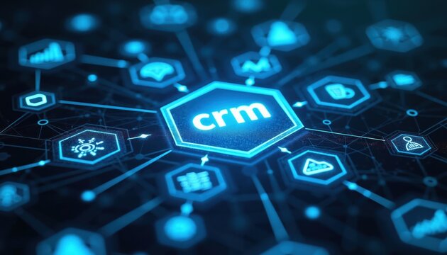 Digital network connects CRM system with sales marketing automation analytics icons. Business software platform dashboard displays virtual data connections for client support.