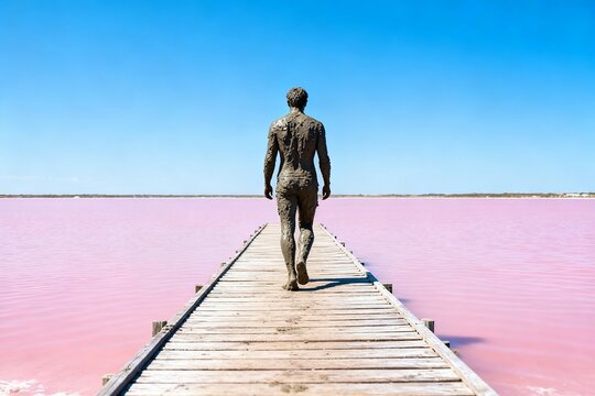 Person walking on wooden dock over pink water