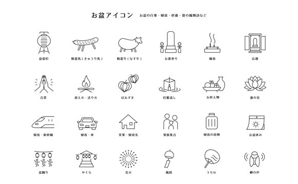 お盆アイコンセット 夏の風物詩と帰省・供養のシンプル線画素材