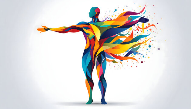 An abstract colorful vector illustration shows the beauty of a dancing woman's silhouette, combining a fantasy light background with artistic hands and a 3D fashion body in motion