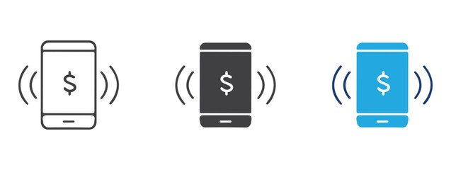 Fototapeta premium Mobile Payment Dollar Icon Set. Outline Solid and Blue Phone Money Vector Symbols