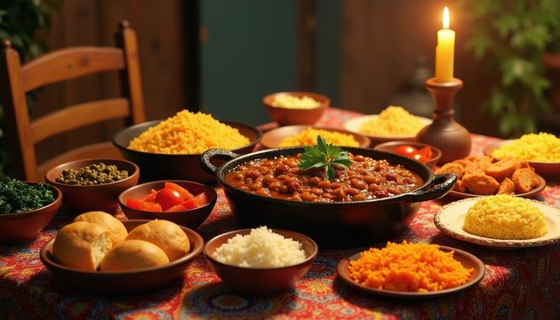 Brazilian festa junina table with feijoada, rice, bolinho caipira, pao de queijo. Festive meal with candle light indoors. Delicious food variety for holiday gathering.