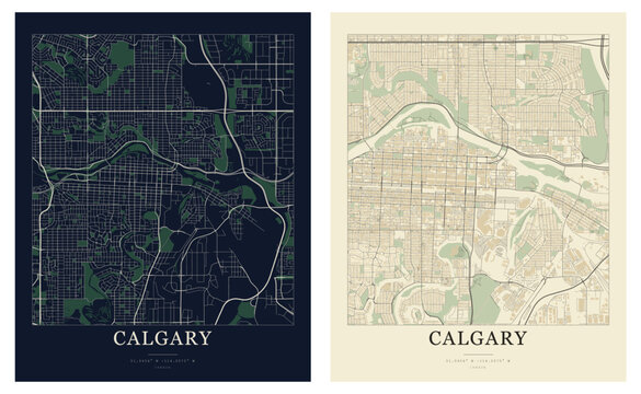 Calgary Canada city map poster design template, abstract minimalist street road network cartography layout vector illustration set with navy blue and vintage beige theme