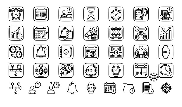 Modern Time Management Line Icons Collection with Clock Calendar and Productivity Symbols