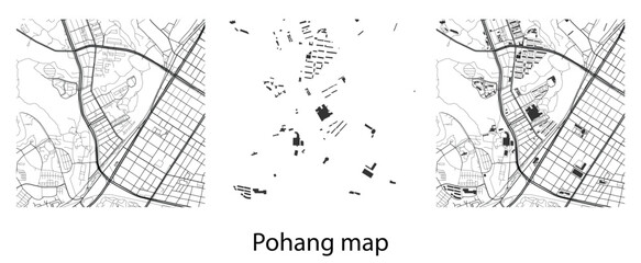 Vector map of Pohang city with roads and building footprints outline urban planning and geographic layout design element isolated on white © Jabeda