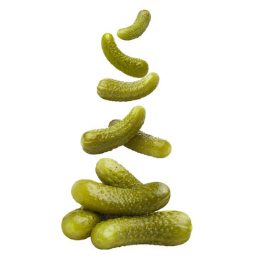 Pickled cucumbers gherkins falling composition, isolated on cutout transparent background