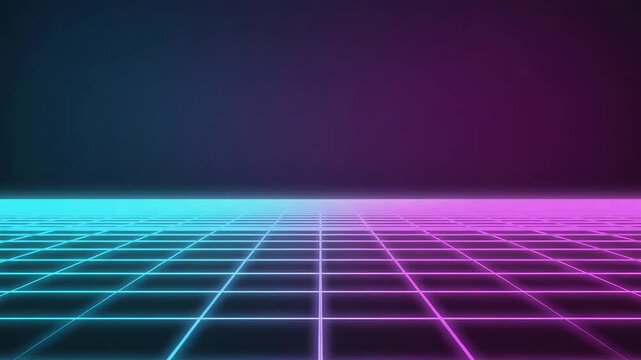 Retro glowing grid floor in purple and blue with a dark horizon for 80s style synthwave and gaming, retro concept