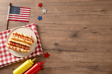 Hot dogs with American flag and patriotic decorations for Independence Day celebration