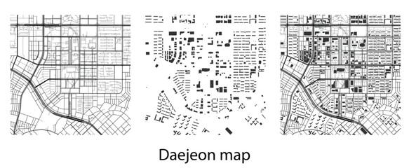 Vector map of Daejeon city with roads and building footprints outline urban planning and geographic layout design element isolated on white © Jabeda