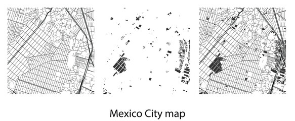 Obraz premium Abstract black and white Mexico City map vector illustration featuring urban street grids, building footprints, road networks and metropolitan layout