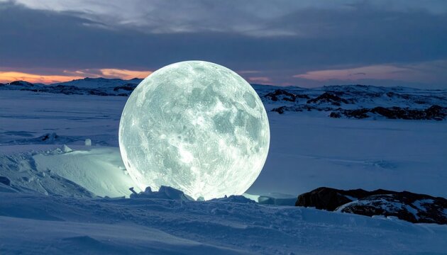 Surreal moonscape with glowing orb in snowy field at dusk.