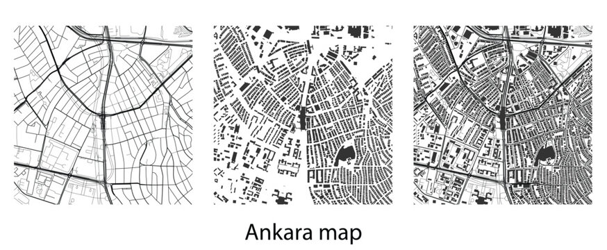 Ankara city map set with streets and building footprints vector illustration template for urban planning tourism and graphic design background