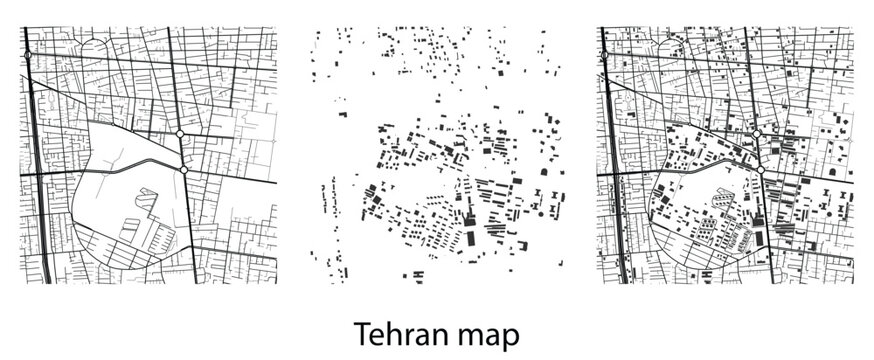 Tehran city map set with streets and building footprints vector illustration template for urban planning tourism and graphic design background