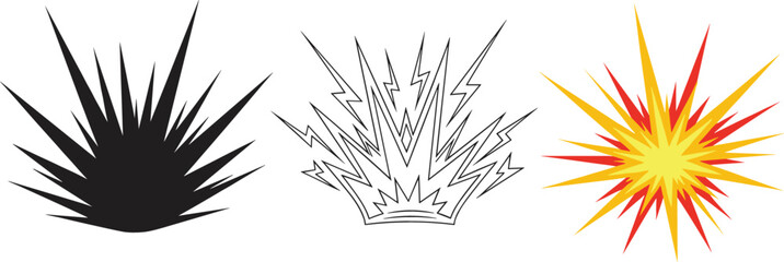Comic book explosion vector set with black silhouette line art lightning strike and colorful bomb blast elements isolated © Azay Chandra
