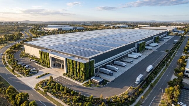 Aerial view of modern logistics warehouse with rooftop solar panels sustainable supply chain.