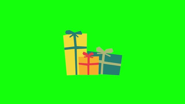 Three geometric gift boxes in yellow, orange and teal with blue, red and beige ribbon bows. Gentle bobbing bounce with ribbons fluttering softly. Isolated on vivid green screen,  flat vector style.