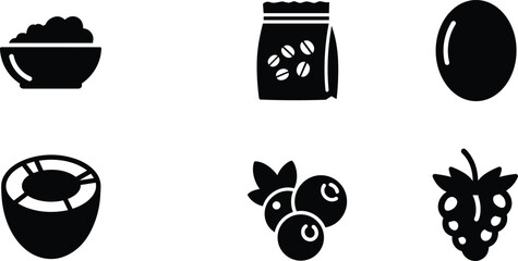 Fruit and berry icons set with apple grapes and berries isolated on white background black silhouette collection for healthy food and organic produce design use © SADDAM