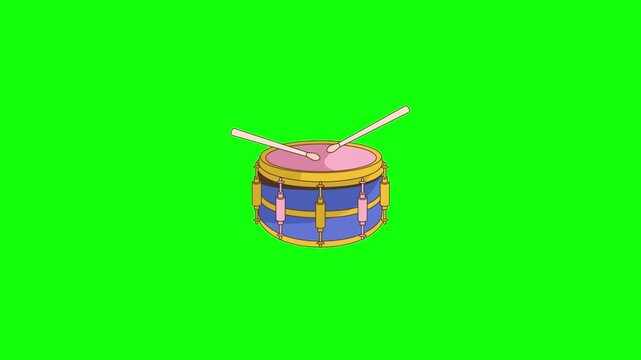 Blue snare drum with gold hardware and pink drumhead, white drumsticks striking rhythmically.  Isolated on vivid green screen, seamless looping animation, crisp cartoon style.