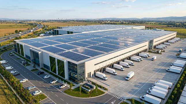 Aerial view of modern logistics warehouse with rooftop solar panels sustainable supply chain.