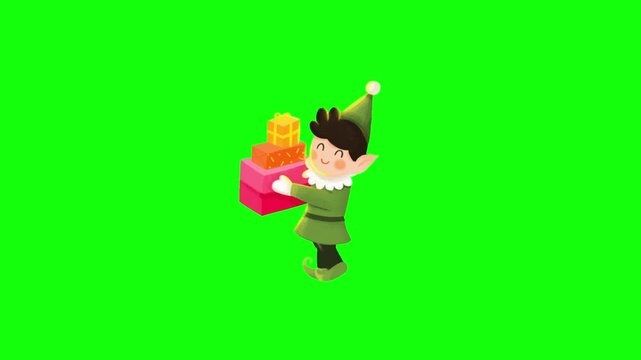 Cheerful elf child in green tunic and pointed hat with white pom-pom, carrying stacked gifts in pink, orange and gold. Isolated on bright green screen, storybook illustration style, seamless loop.
