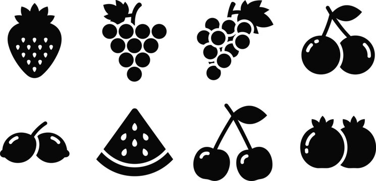 Fruit icons set with strawberry grapes and cherries isolated on white background black silhouette collection for fresh food and healthy diet design use