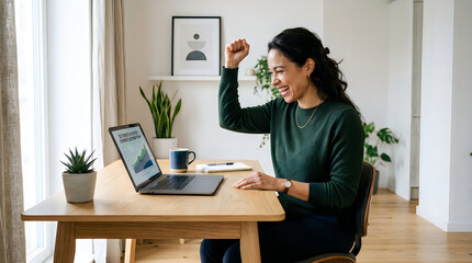 Fototapeta premium Happy woman celebrating success on laptop in home office