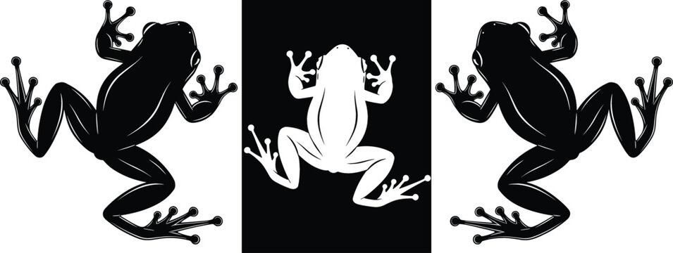 Tree frog silhouette vector set with solid black and white negative space cutout icons on white background