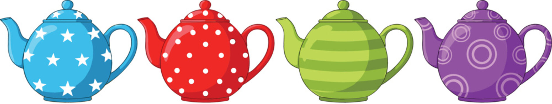 Colorful ceramic teapot vector illustration set with star polka dot stripe and circle patterns isolated on white background