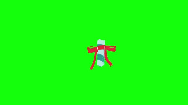 Textured blue-white candy cane with red ribbon knot, grainy crayon brushstroke style.  Isolated on vivid green screen for chroma keying, seamless loop reversible.