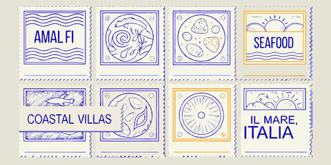 six vintage style stamps featuring italian themes and coastal imagery hand drawn © Tapas