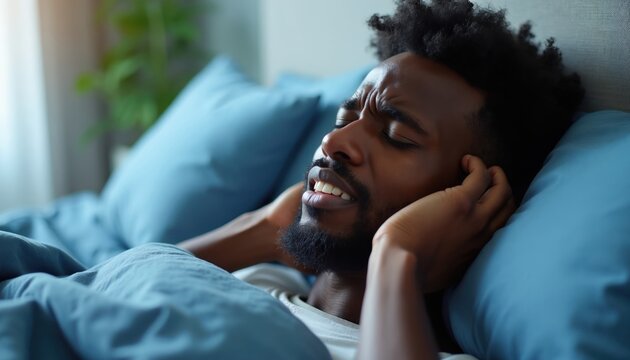 Man grimaces in bed, suffering from jaw pain and teeth grinding. Facial tension and discomfort from sleep bruxism affects his morning. He needs relief from this condition.