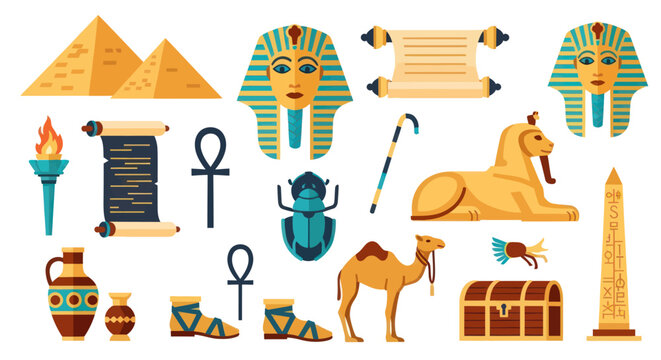 Egyptian Symbols Flat Icons: Pyramids, Pharaoh, Camel, Sphinx, Ankh