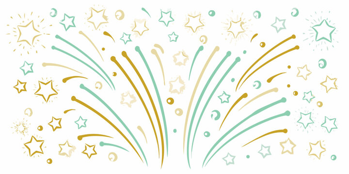 watercolor firework bursts with gold and teal stars on a white background