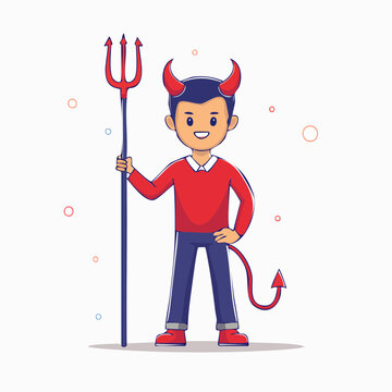 Cartoon Devil Character with Trident and Horns